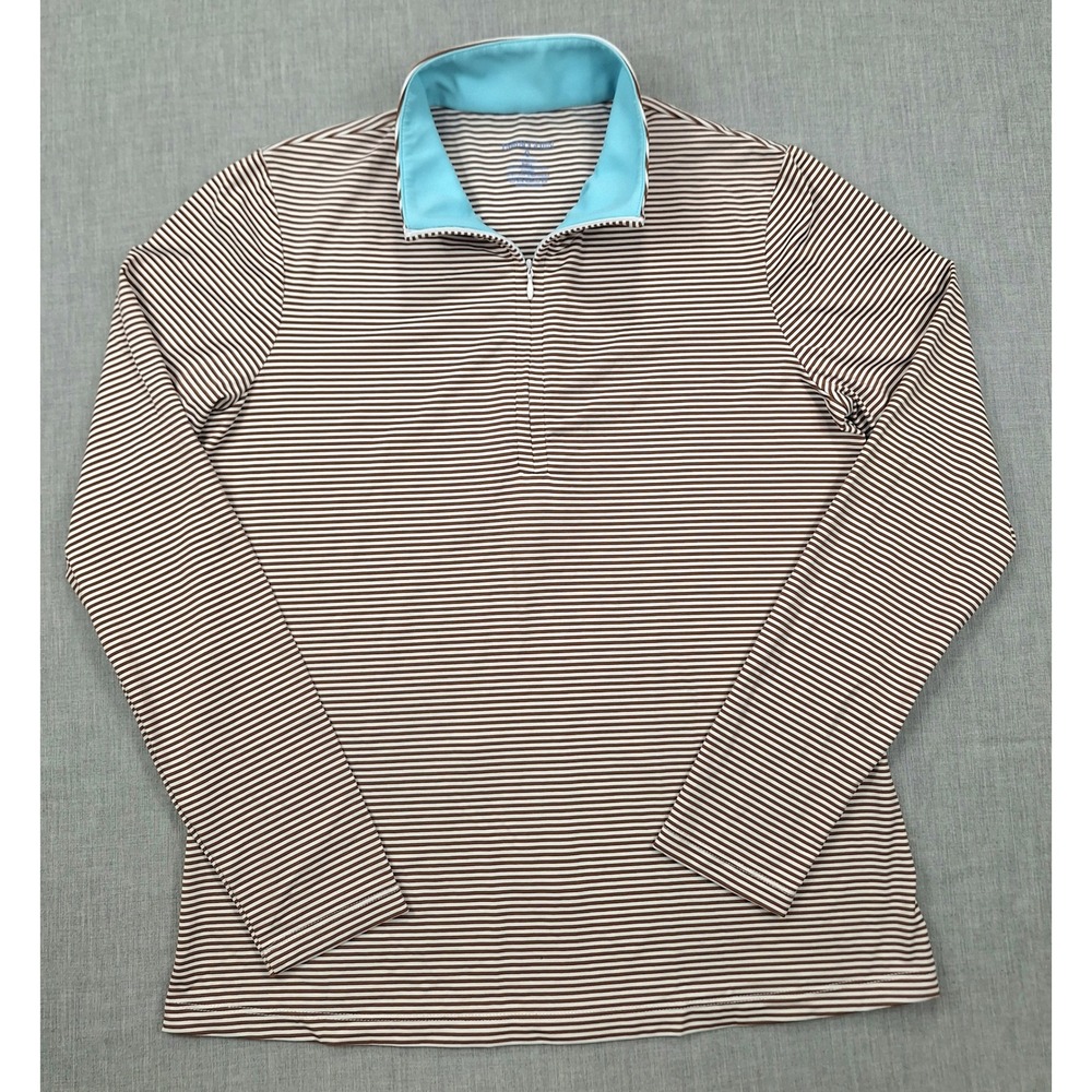 J.McLaughlin Womens Brown White Striped Quarter Zip Pullover Turquoise Trim S